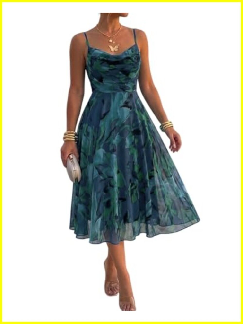 Floral Mesh Midi Dress Sleeveless Sheer A-Line Adjustable Straps Cocktail Party